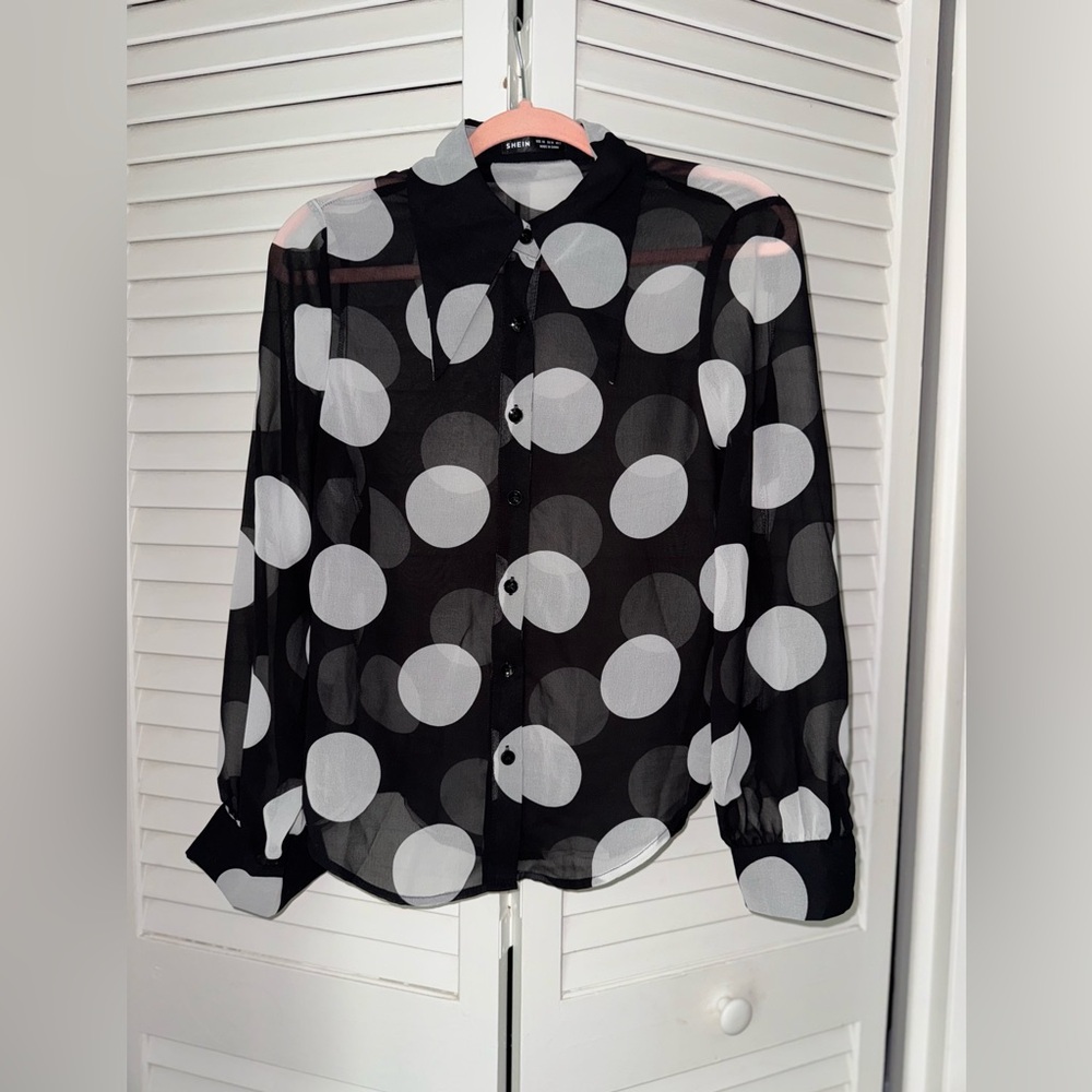 SHEIN Black and White Polka Dot Sheer Blouse